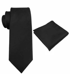 Brand Q Extra Long Solid Black Necktie And Pocket Square Set