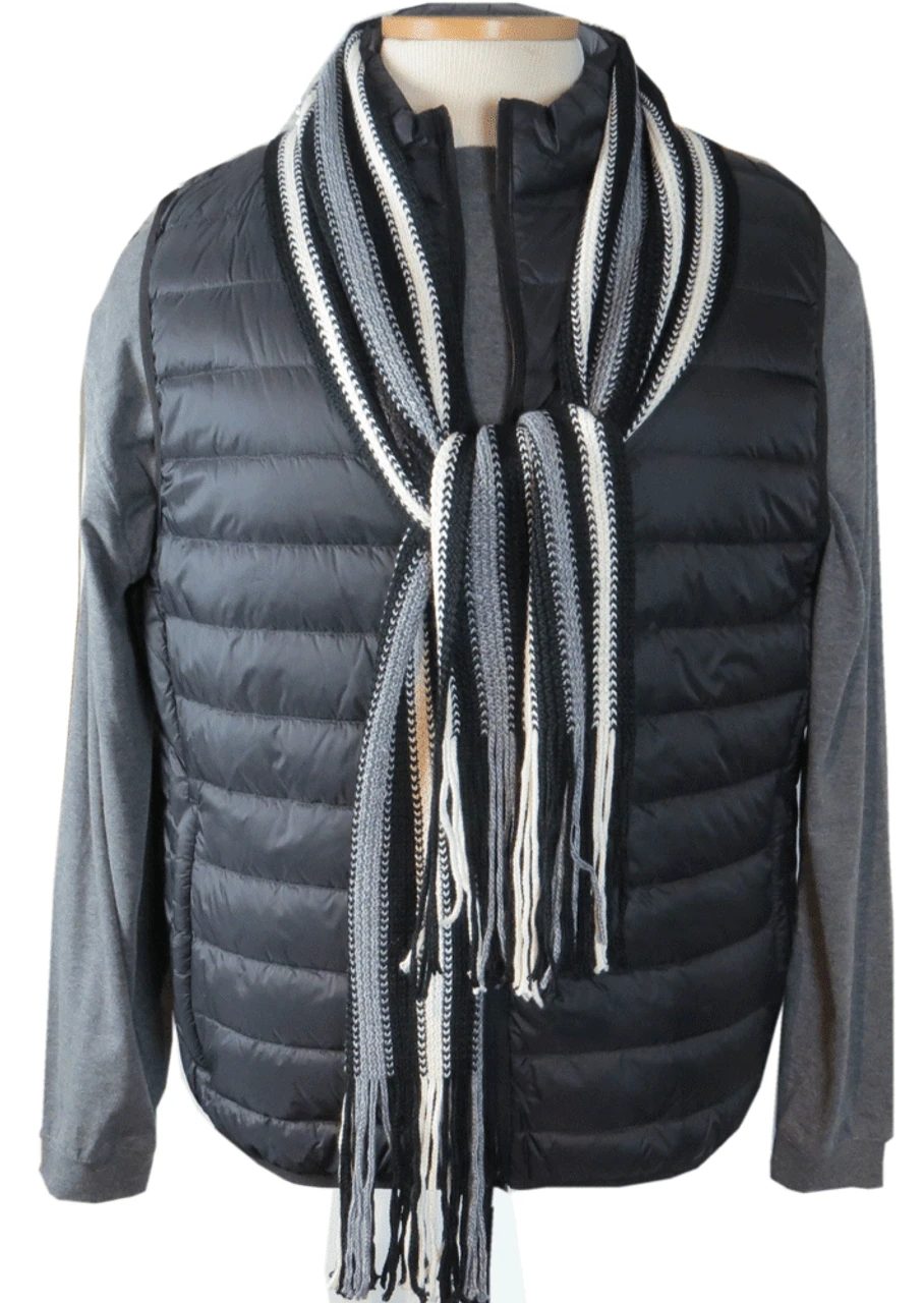 Black, White And Gray Knit Vertical Striped Scarf, One Size 4 Black, White And Gray Knit Vertical Striped Scarf, One Size - Image 2